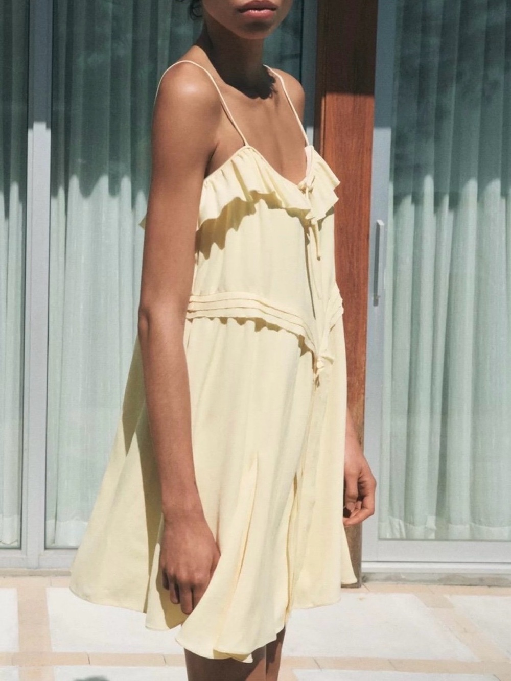 Zara Pale Yellow Ruffle-Trim Spaghetti Strap Mini Dress